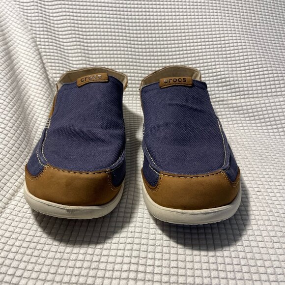 Crocs Men's Walu Luxe Canvas Slip-On Loafer Navy Brown 201161 M‎ 11 Comfort - Picture 1 of 8